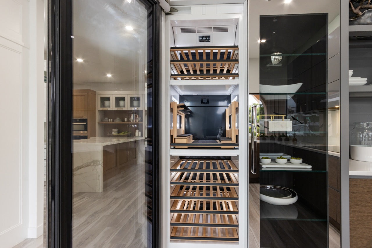 Irpinia Modern Glossy Grey & Matte Wood Veneer Butler's Pantry with Quartz Countertops and Miele Appliances