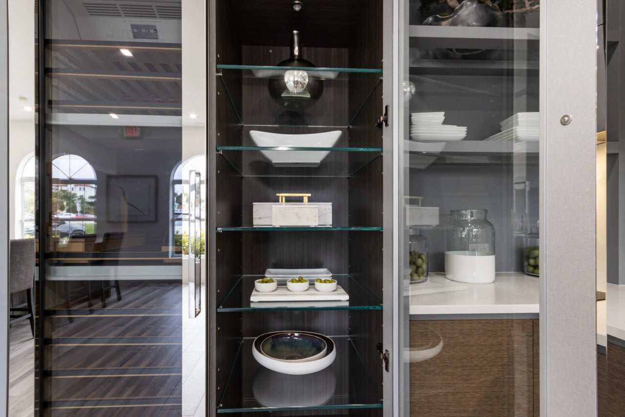 Irpinia Modern Glossy Grey & Matte Wood Veneer Butler's Pantry with Quartz Countertops and Miele Appliances