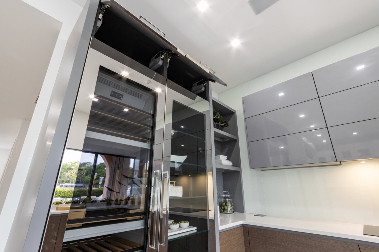 Irpinia Modern Glossy Grey & Matte Wood Veneer Butler's Pantry with Quartz Countertops and Miele Appliances