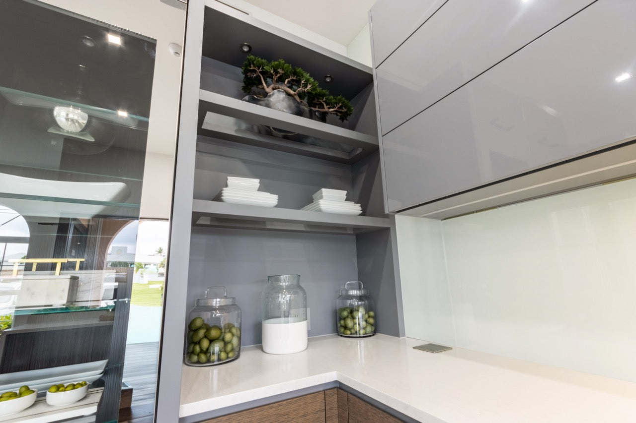 Irpinia Modern Glossy Grey & Matte Wood Veneer Butler's Pantry with Quartz Countertops and Miele Appliances