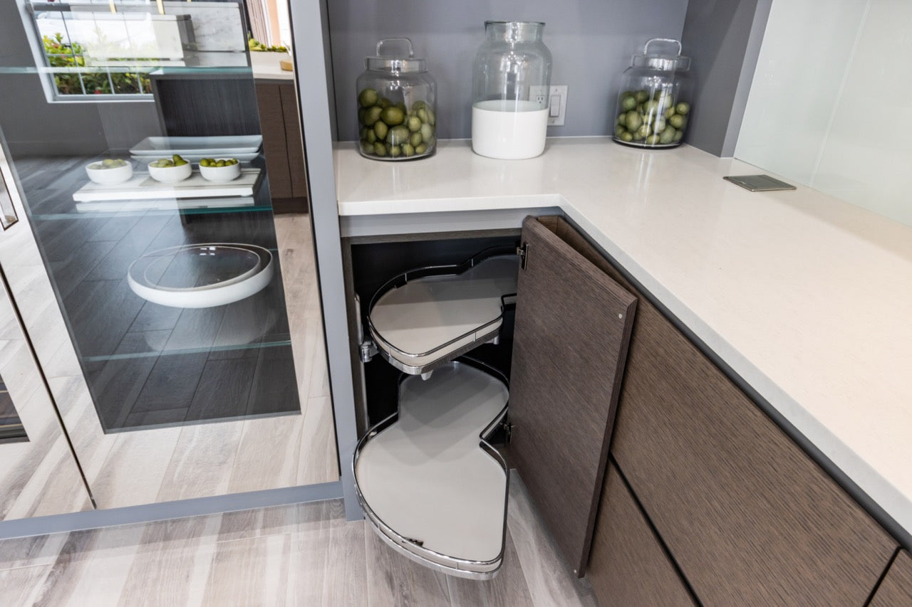 Irpinia Modern Glossy Grey & Matte Wood Veneer Butler's Pantry with Quartz Countertops and Miele Appliances