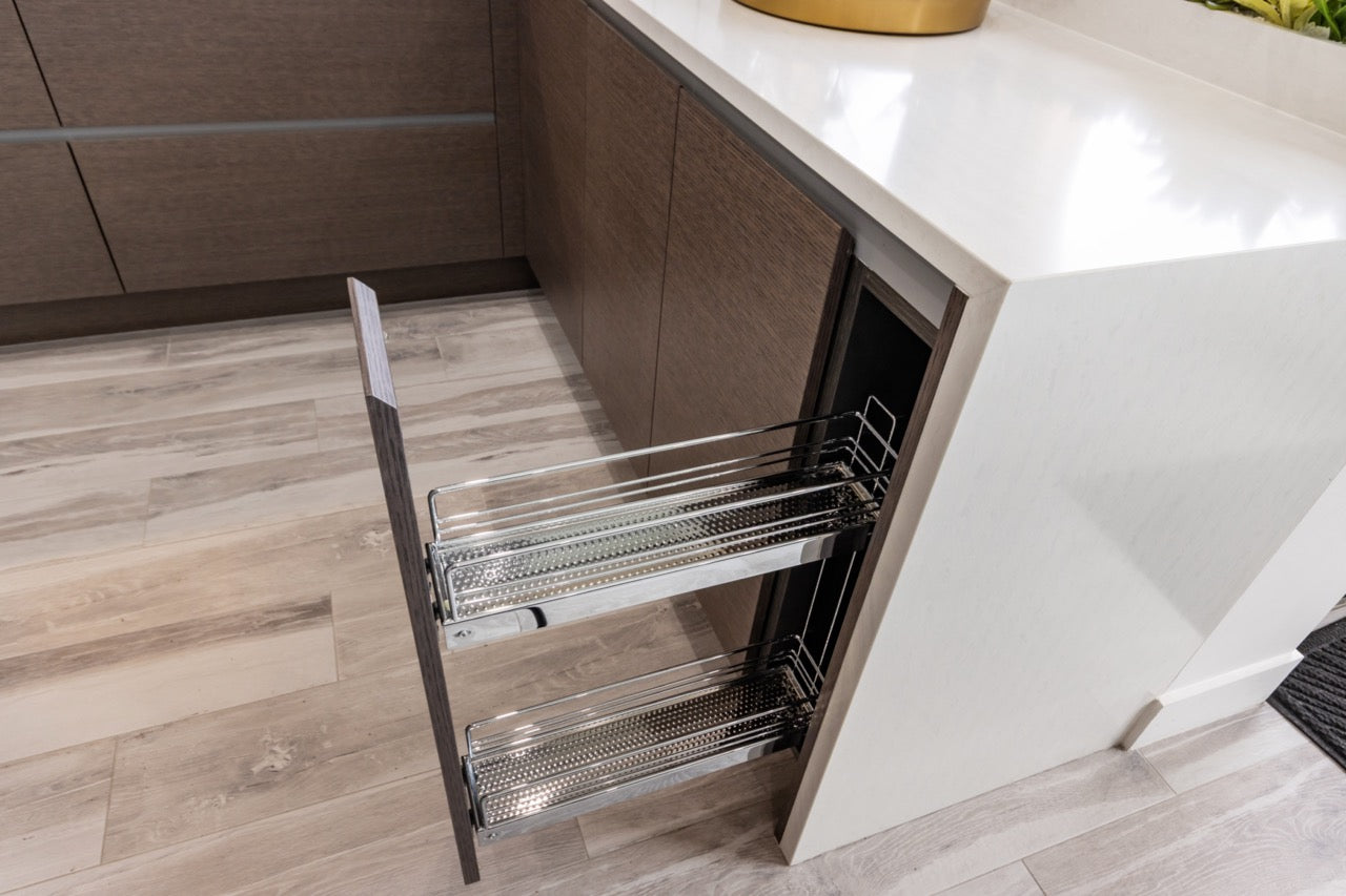 Irpinia Modern Glossy Grey & Matte Wood Veneer Butler's Pantry with Quartz Countertops and Miele Appliances