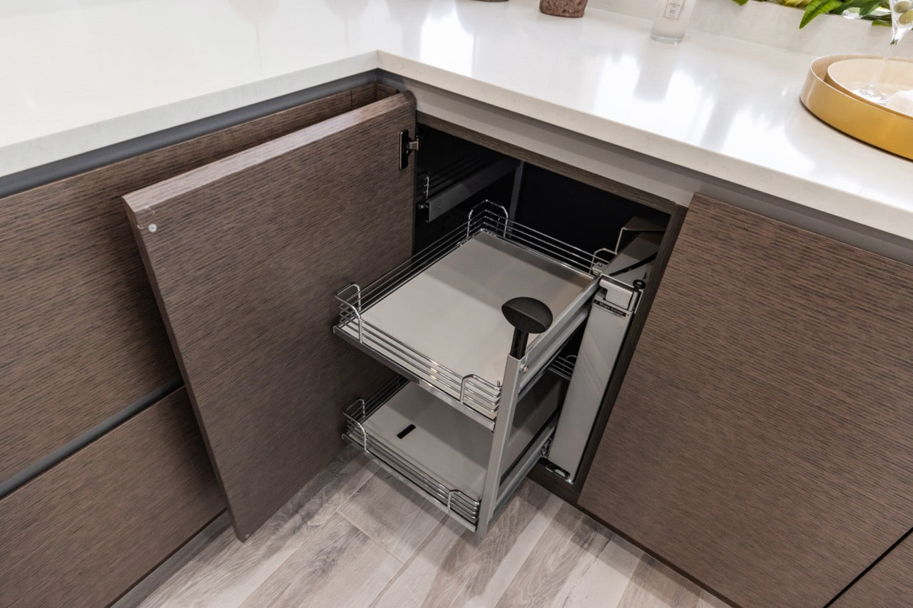 Irpinia Modern Glossy Grey & Matte Wood Veneer Butler's Pantry with Quartz Countertops and Miele Appliances