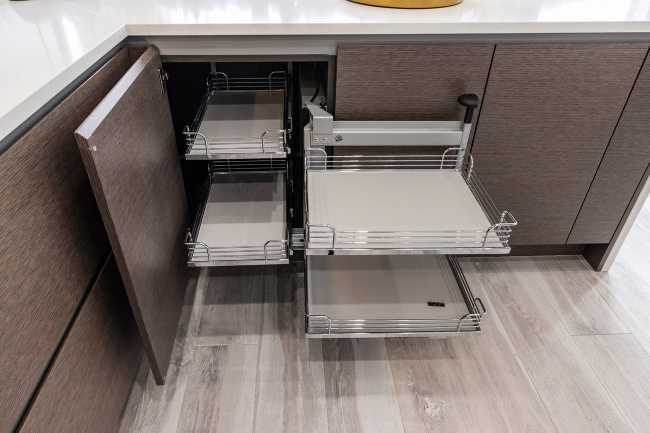 Irpinia Modern Glossy Grey & Matte Wood Veneer Butler's Pantry with Quartz Countertops and Miele Appliances