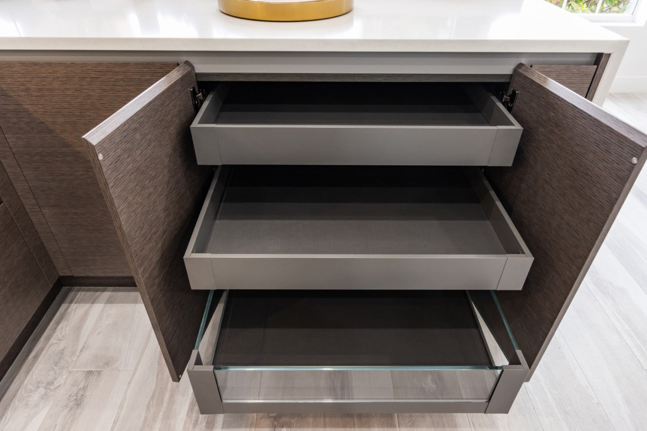 Irpinia Modern Glossy Grey & Matte Wood Veneer Butler's Pantry with Quartz Countertops and Miele Appliances