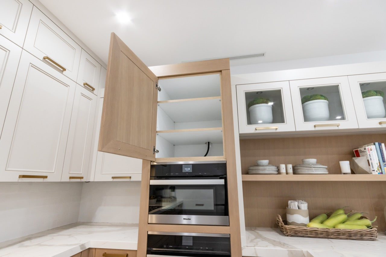 Irpinia Transitional White & Oak Kitchen with Quartz Countertops and Miele Appliances