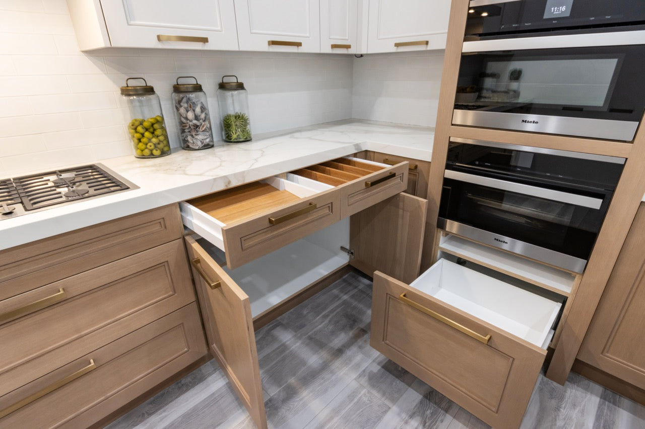 Irpinia Transitional White & Oak Kitchen with Quartz Countertops and Miele Appliances