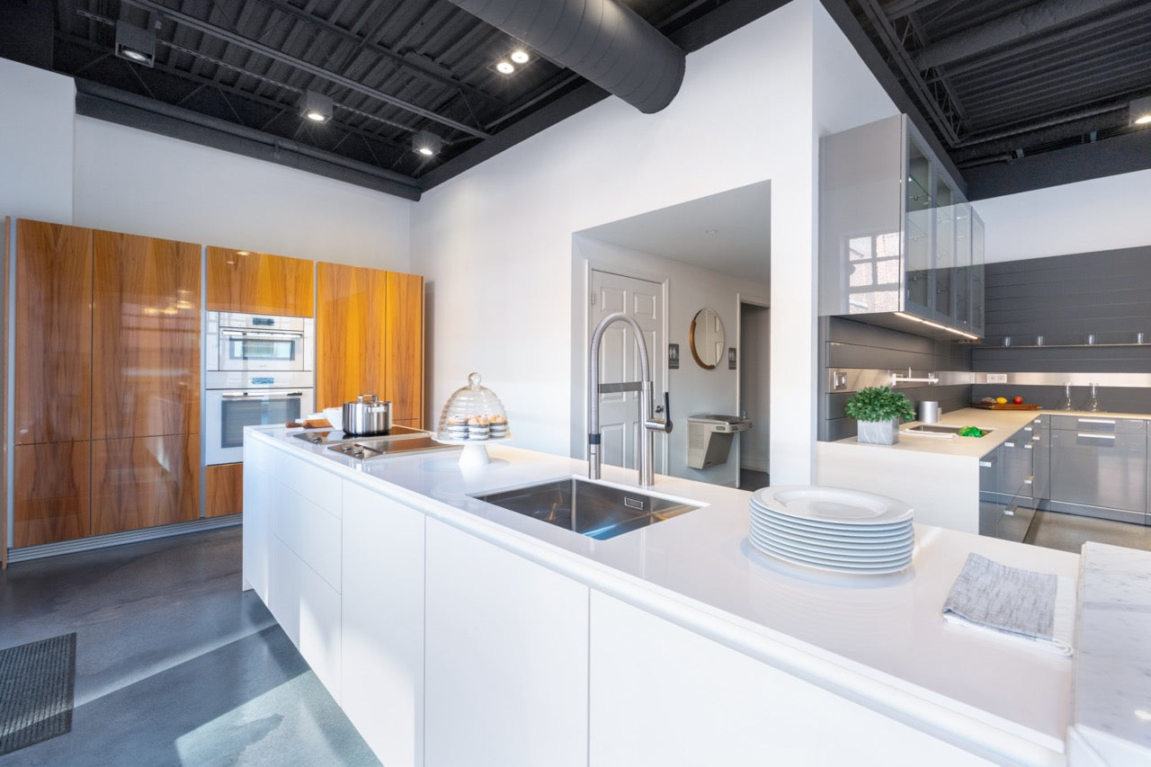 Poggenpohl Segmento Modern White & Wood Veneer Kitchen with Miele Appliances