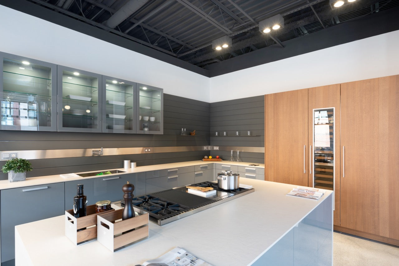 Poggenpohl Artesio Modern Grey and Wood Veneer Kitchen with Island and Wolf & Sub-Zero Appliances