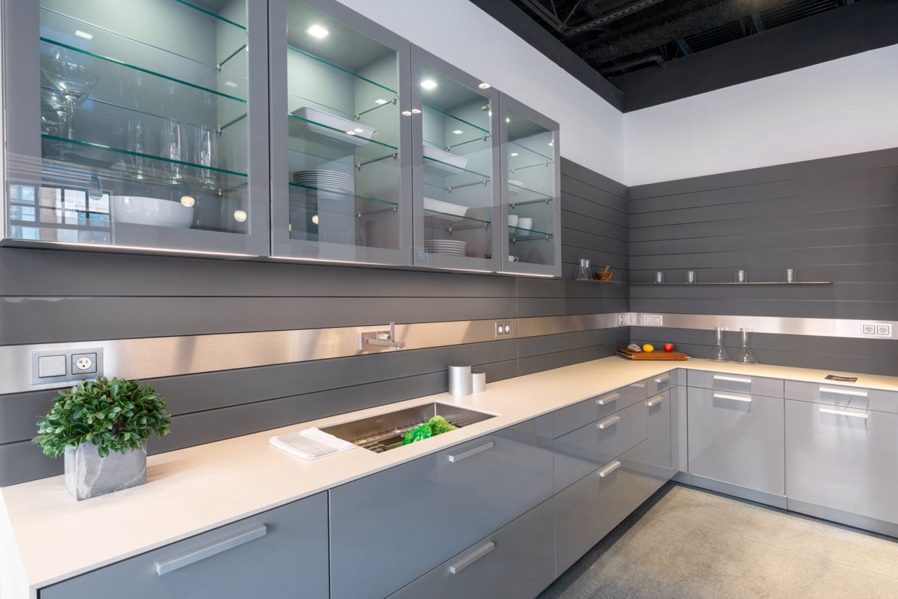 Poggenpohl Artesio Modern Grey and Wood Veneer Kitchen with Island and Wolf & Sub-Zero Appliances