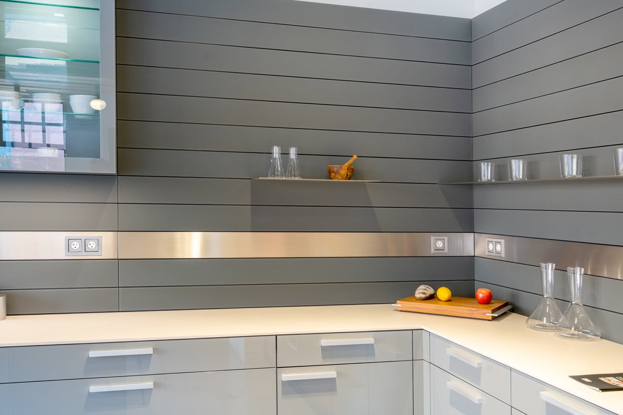 Poggenpohl Artesio Modern Grey and Wood Veneer Kitchen with Island and Wolf & Sub-Zero Appliances