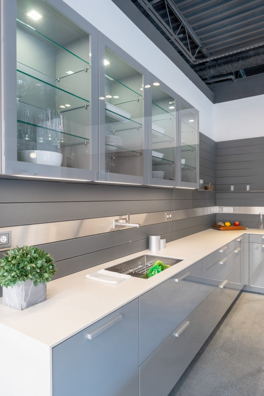 Poggenpohl Artesio Modern Grey and Wood Veneer Kitchen with Island and Wolf & Sub-Zero Appliances