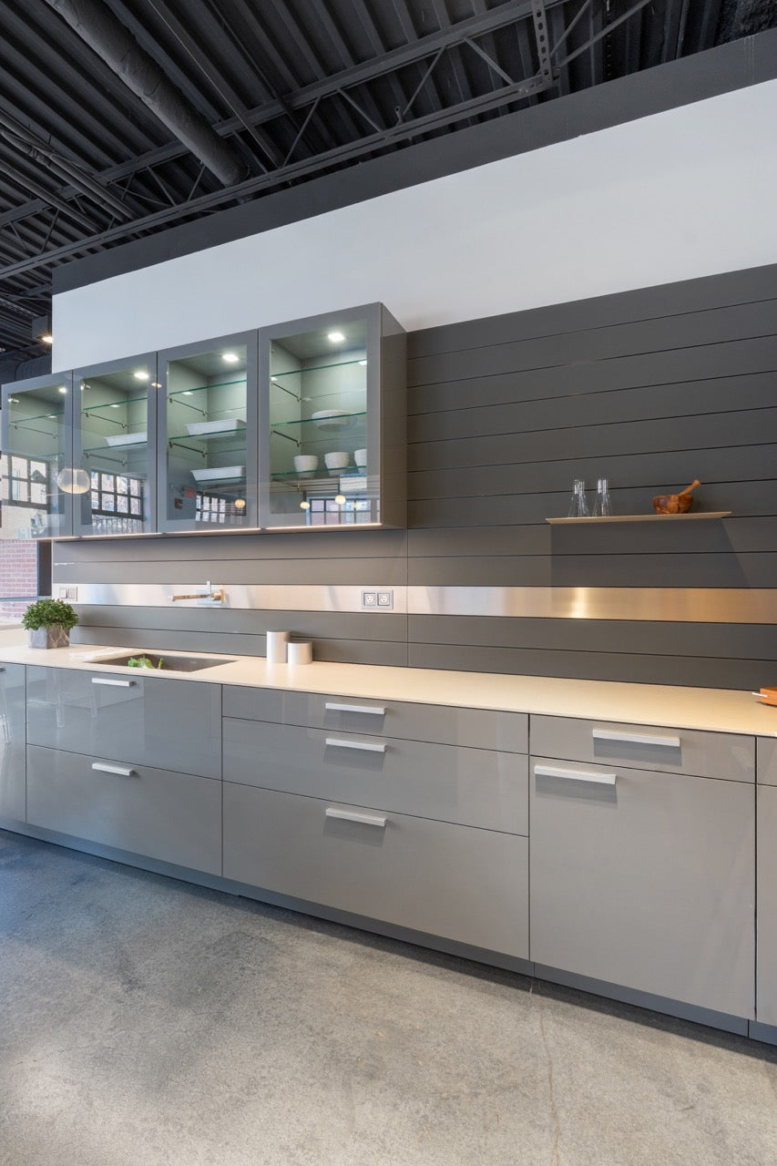 Poggenpohl Artesio Modern Grey and Wood Veneer Kitchen with Island and Wolf & Sub-Zero Appliances