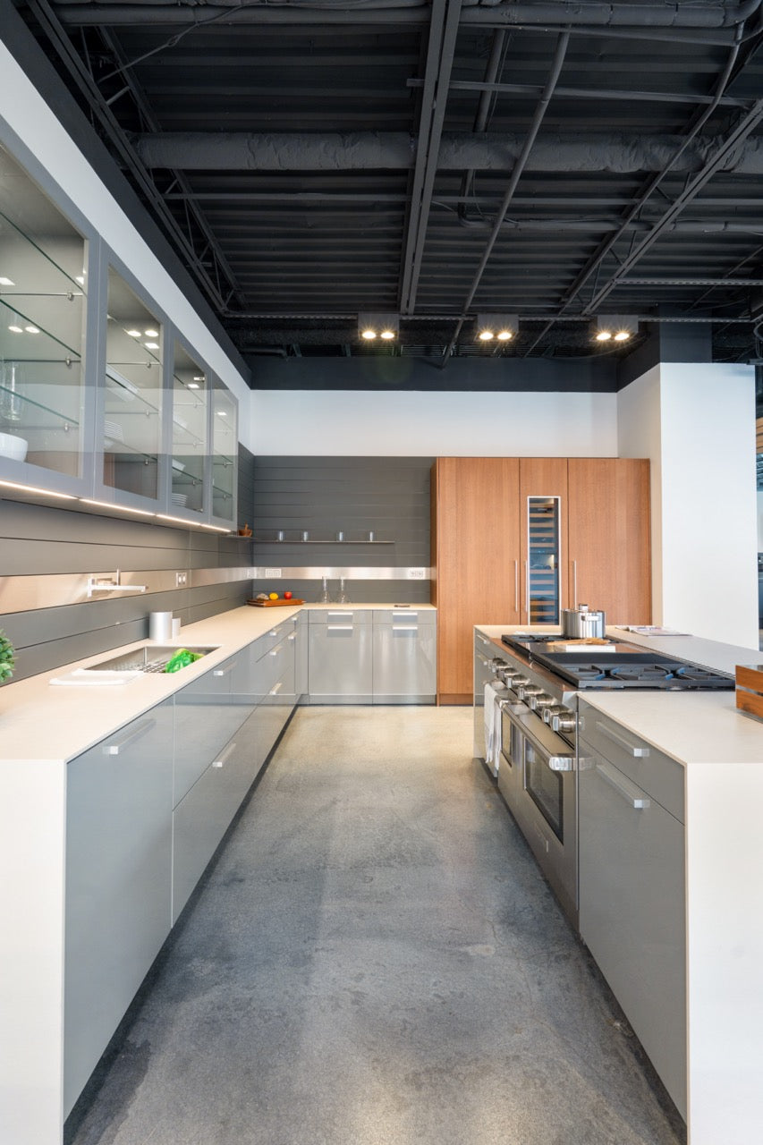 Poggenpohl Artesio Modern Grey and Wood Veneer Kitchen with Island and Wolf & Sub-Zero Appliances