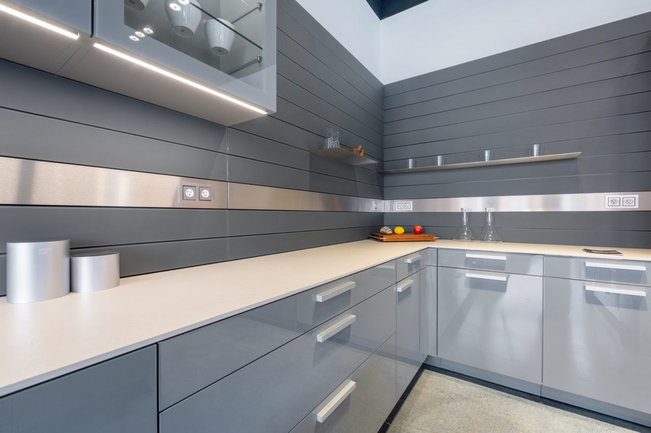 Poggenpohl Artesio Modern Grey and Wood Veneer Kitchen with Island and Wolf & Sub-Zero Appliances