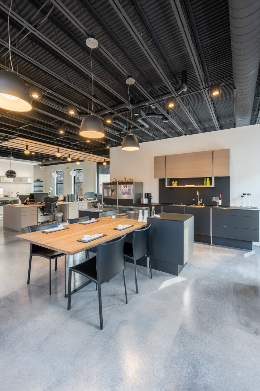 Poggenpohl Porsche Modern Matte Grey Kitchen with Wood Top Seating Area and Gaggenau Appliances