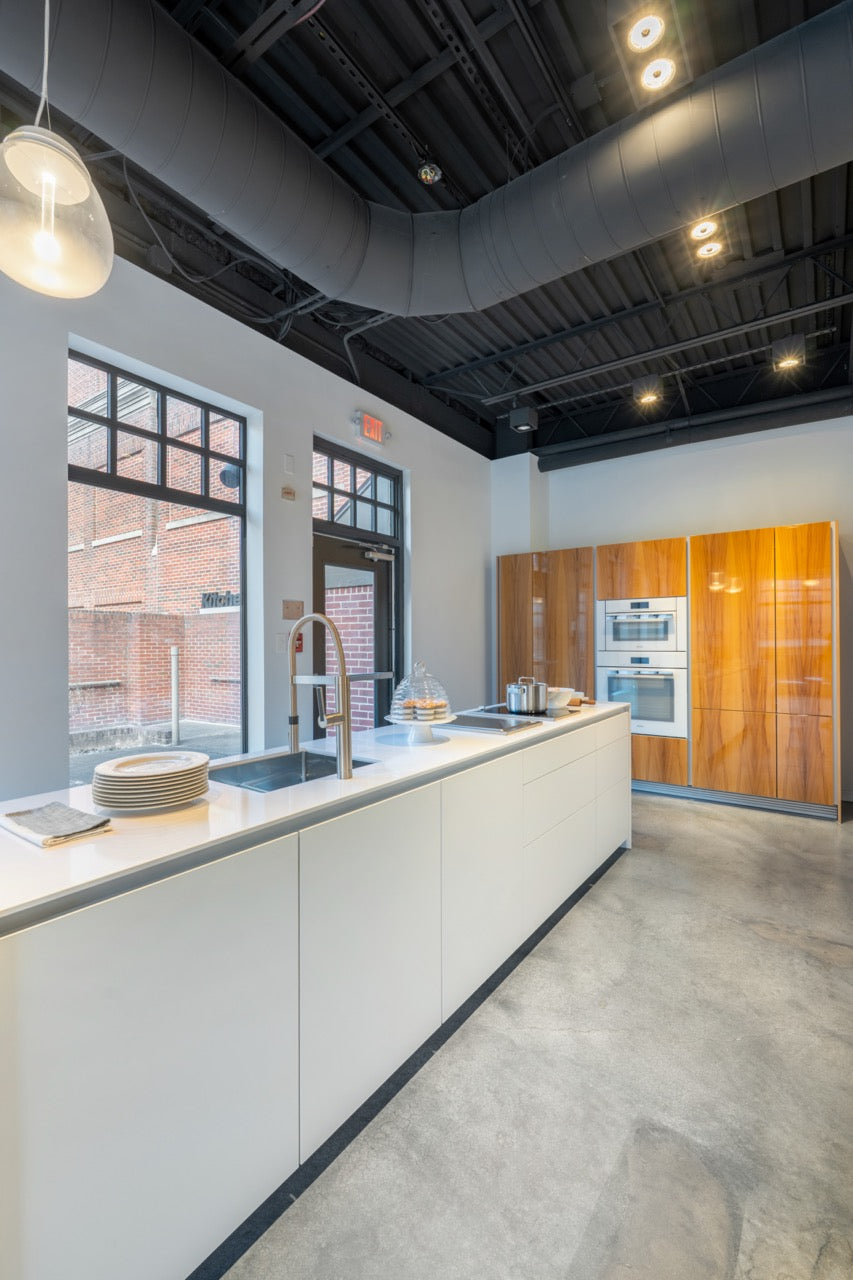 Poggenpohl Segmento Modern White & Wood Veneer Kitchen with Miele Appliances