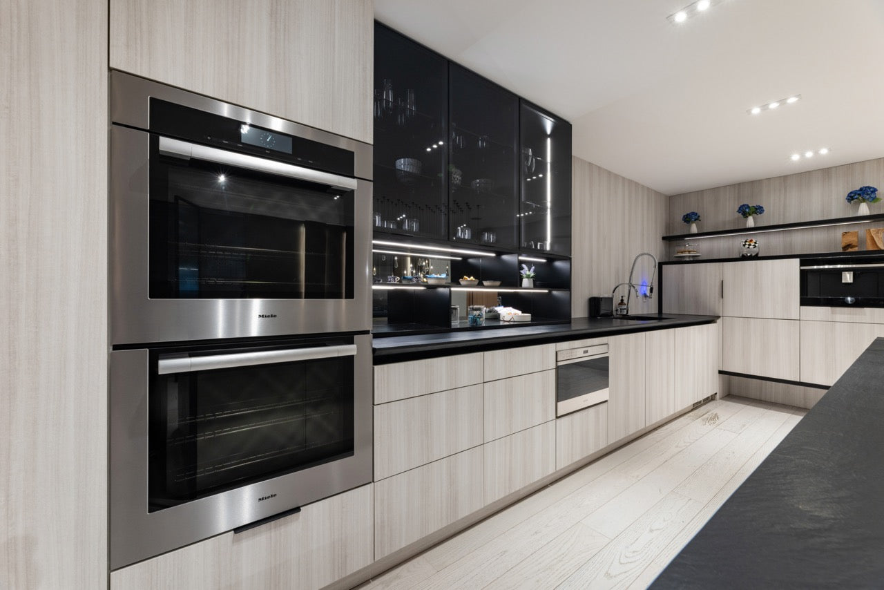 DOCA Modern Wood Veneer Black Kitchen with Island & Appliances
