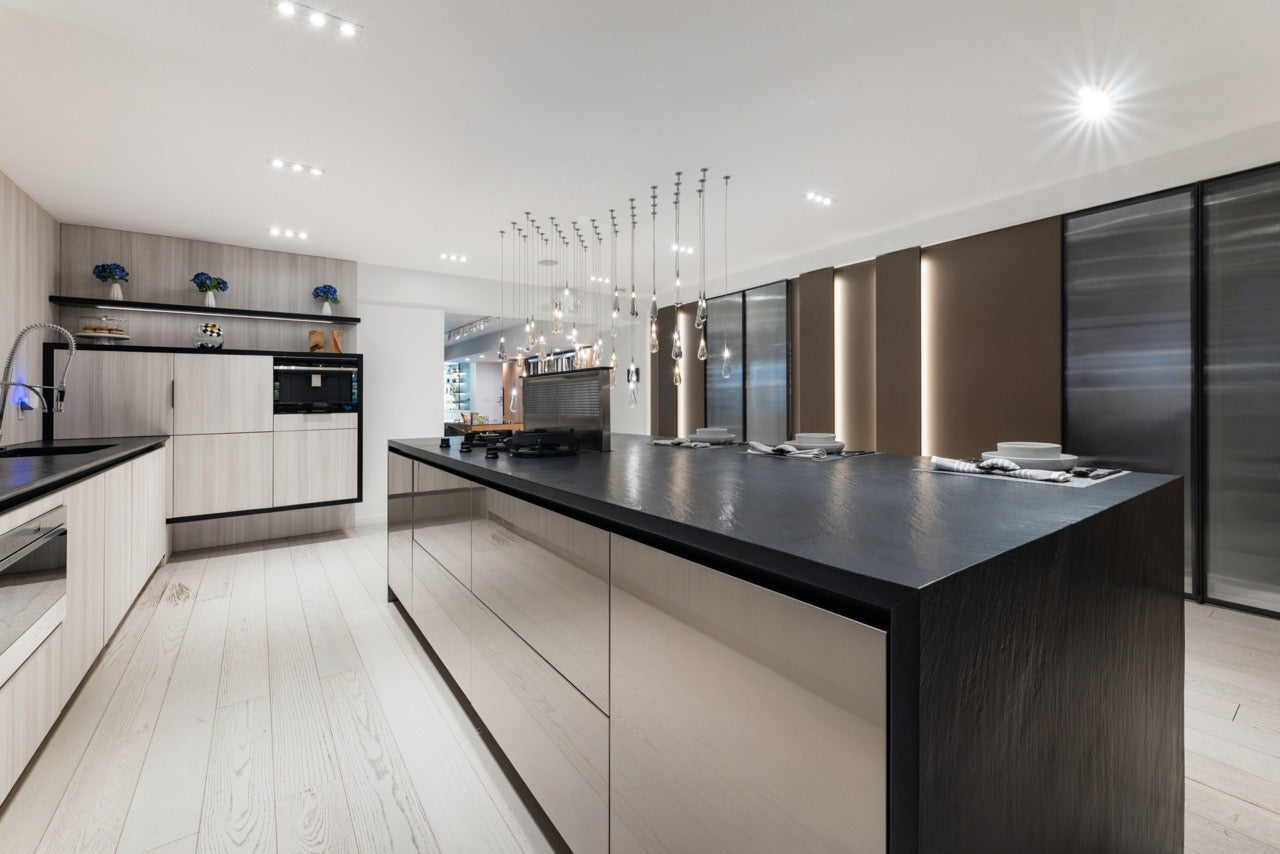 DOCA Modern Wood Veneer Black Kitchen with Island & Appliances