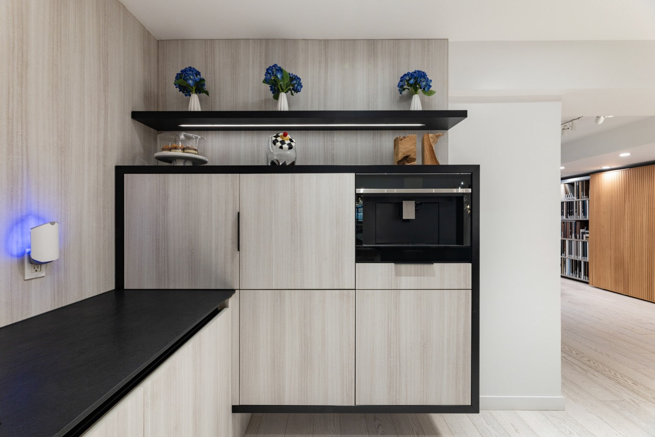 DOCA Modern Wood Veneer Black Kitchen with Island & Appliances