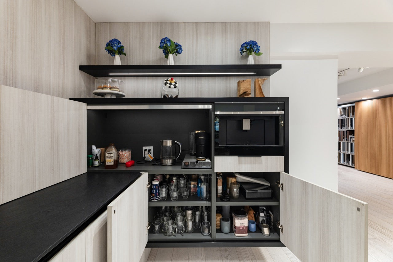 DOCA Modern Wood Veneer Black Kitchen with Island & Appliances