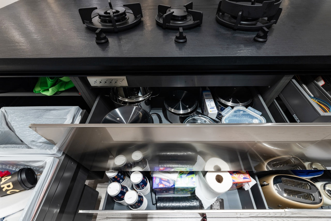 DOCA Modern Wood Veneer Black Kitchen with Island & Appliances
