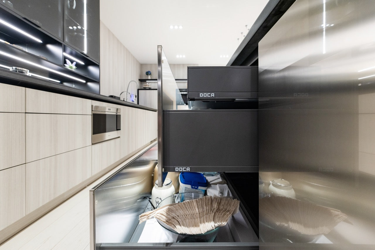DOCA Modern Wood Veneer Black Kitchen with Island & Appliances