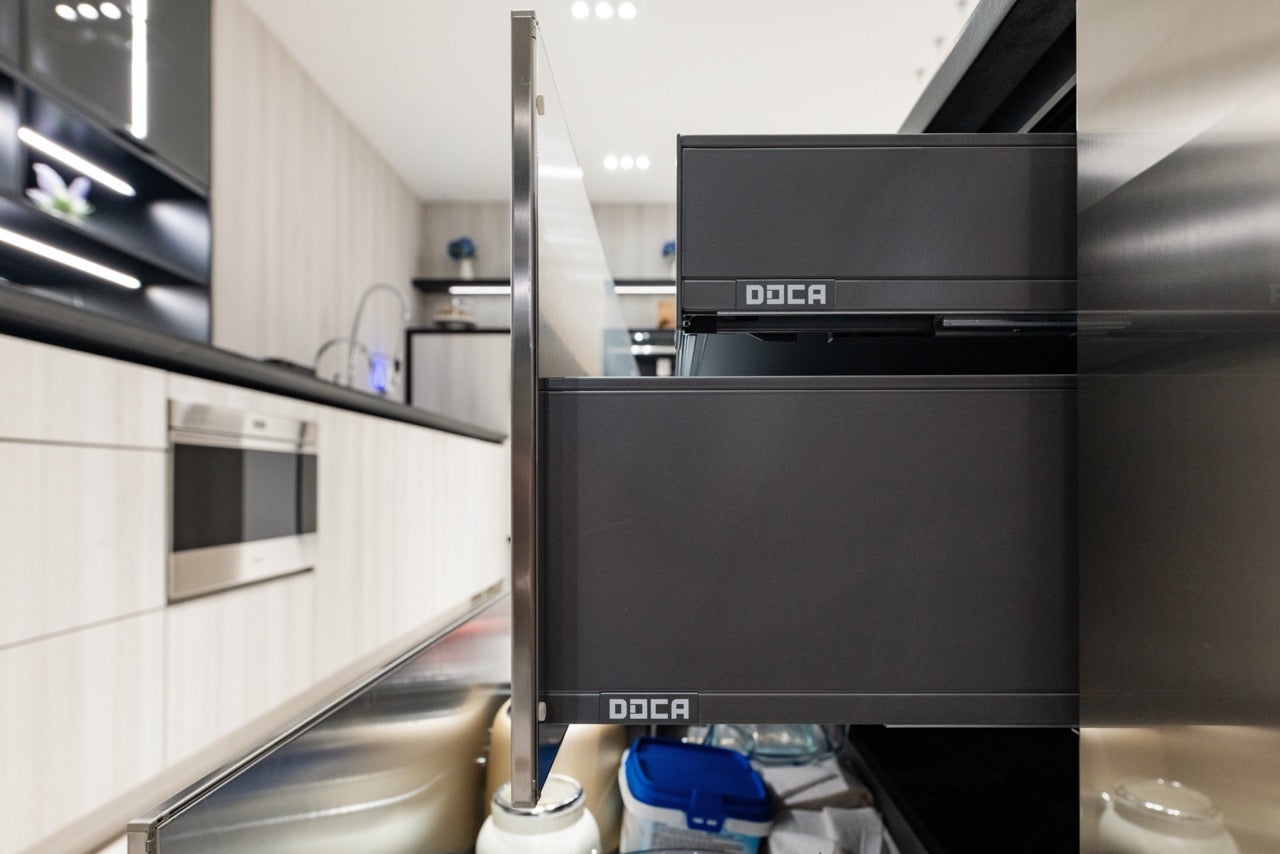 DOCA Modern Wood Veneer Black Kitchen with Island & Appliances