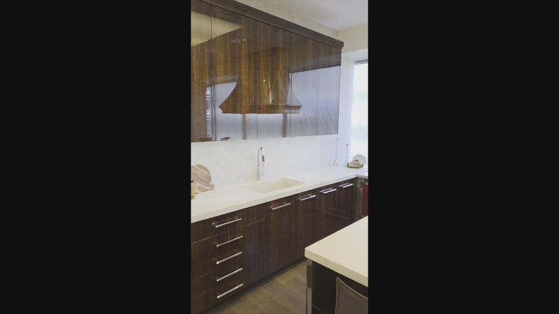 St. Charles Modern Kitchen with La Cornue Chateau Burgundy Cabinets and Glossy Eucalyptus with La Cornue Grand Palais 180 Rangetop and Custom Hood