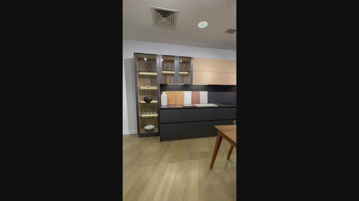 Load video: Hans Krug Modern Grey &amp; Oak Veneer Kitchen Corner with Wolf Appliances