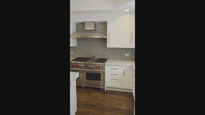 “The Clarendon” Transitional White & Grey Kitchen with Island and Wolf Appliances