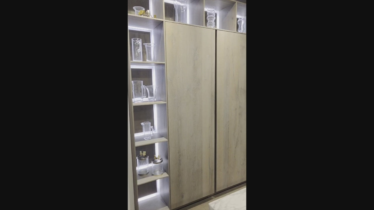Load video: eggersmann Chablis Vintage Oak &amp; Steel Grey Modern Kitchen with Arabescato Waterfall Island and Miele Appliance Suite