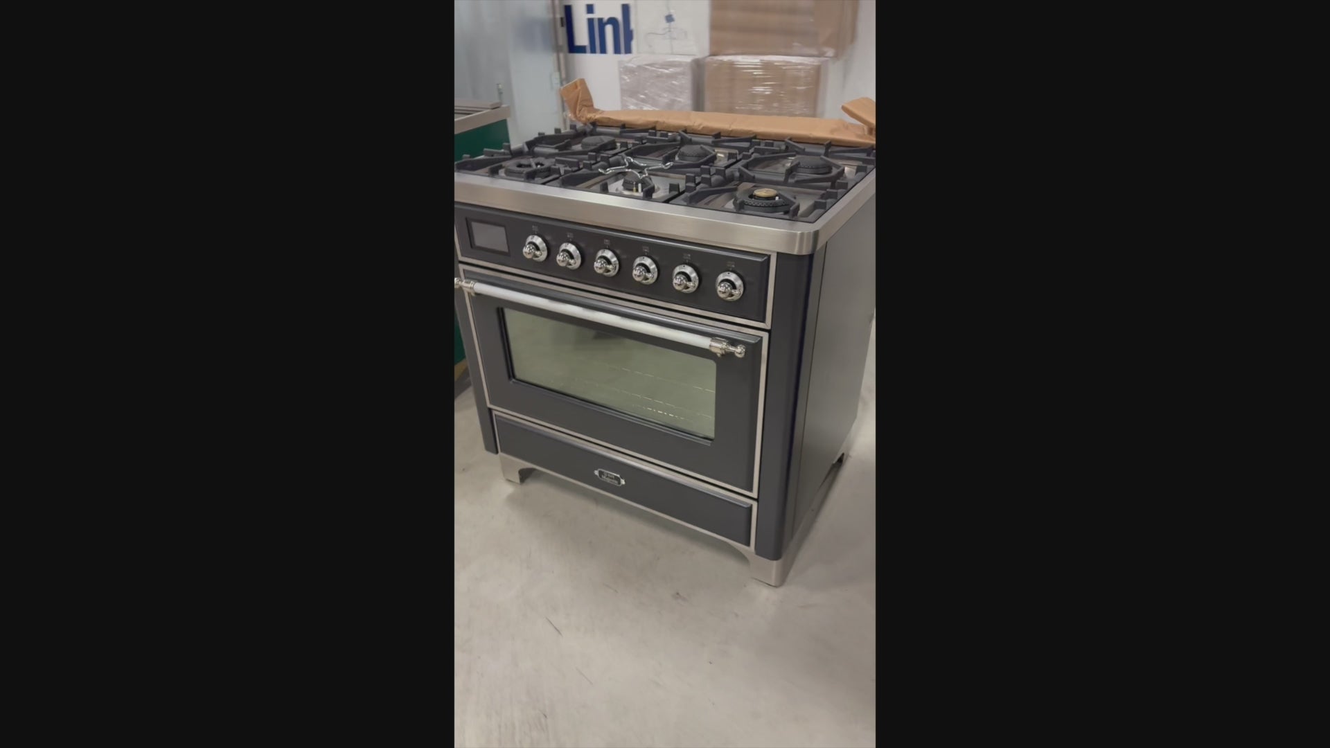 Load video: Ilve Majestic UM096DNS3MGC 36" Matte Graphite &amp; Chrome Dual Fuel Range