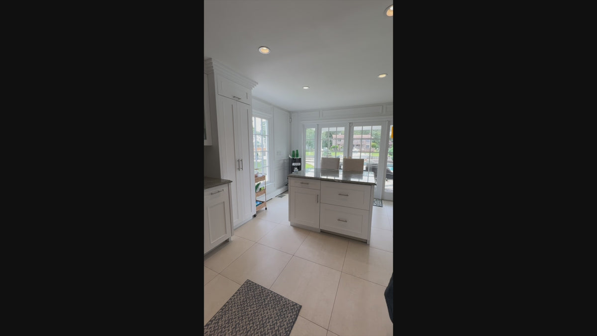Load video: "The Roxbury" Transitional White Kitchen with Island &amp; Sub-Zero Refrigerator
