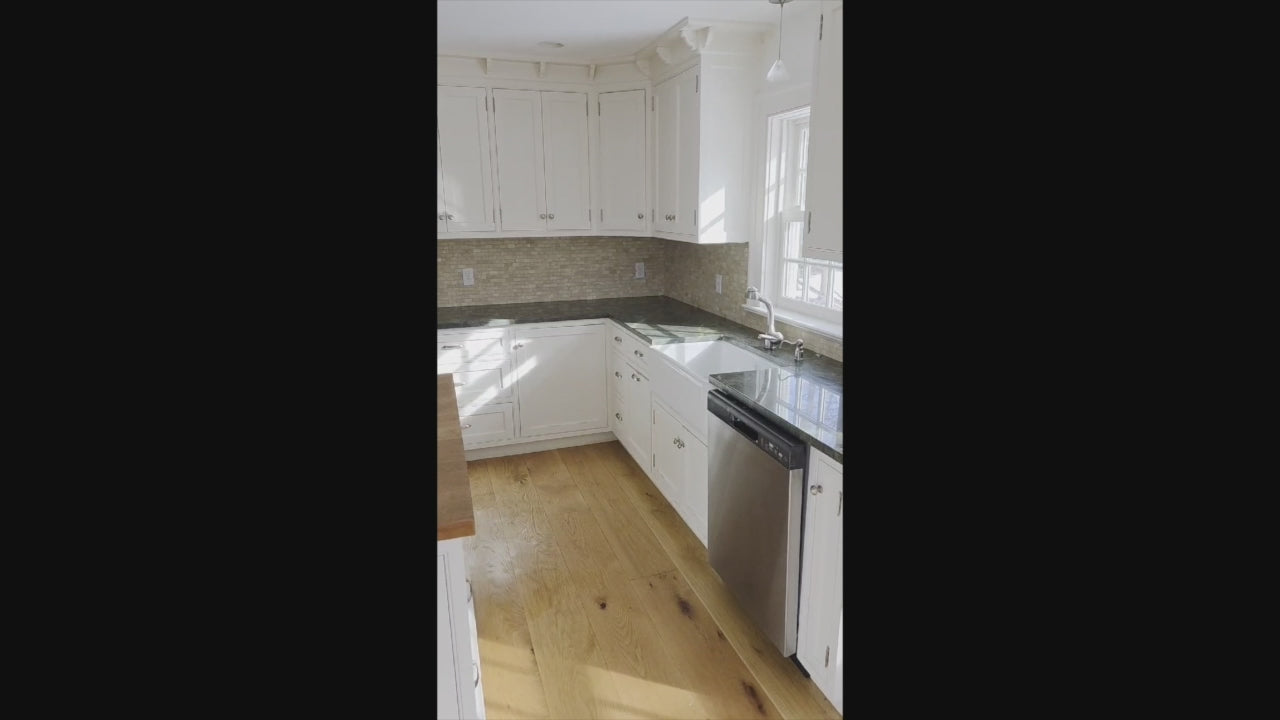 Load video: “The Providence” Custom Traditional White Kitchen with Wood Top Island &amp; Monogram Appliances