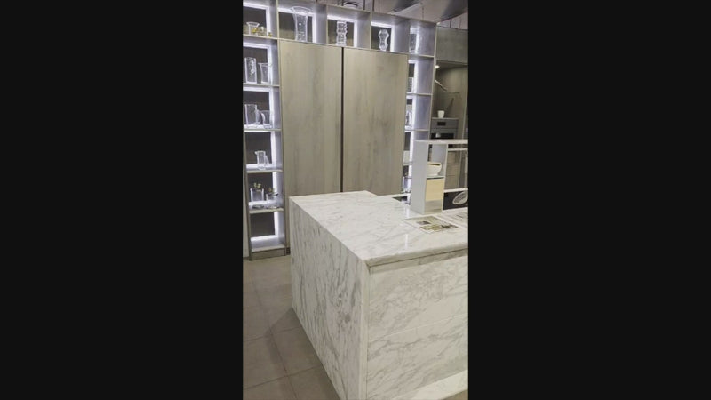 eggersmann Chablis Vintage Oak & Steel Grey Modern Kitchen with Arabescato Waterfall Island and Miele Appliance Suite