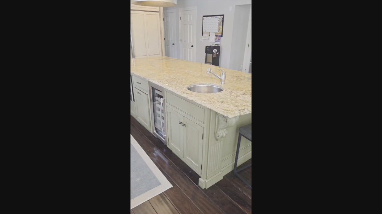 Load video: Custom Traditional Two-Tone Distressed Kitchen with Granite Countertops, Island and Appliances