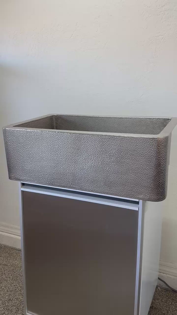 Load video: Native Trails Farmhouse 30 Kitchen Sink - Brushed Nickel over Hand-Hammered Copper (CPK594)