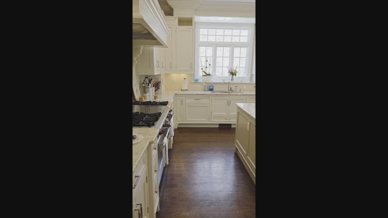 Load video: "The Berkley" Transitional White Kitchen with Island and 60" Wolf Range