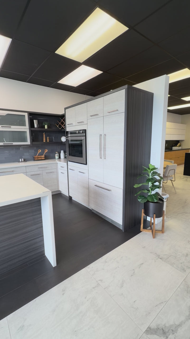 Bellmont modern wood veneer kitchen cabinets with matching island and appliances