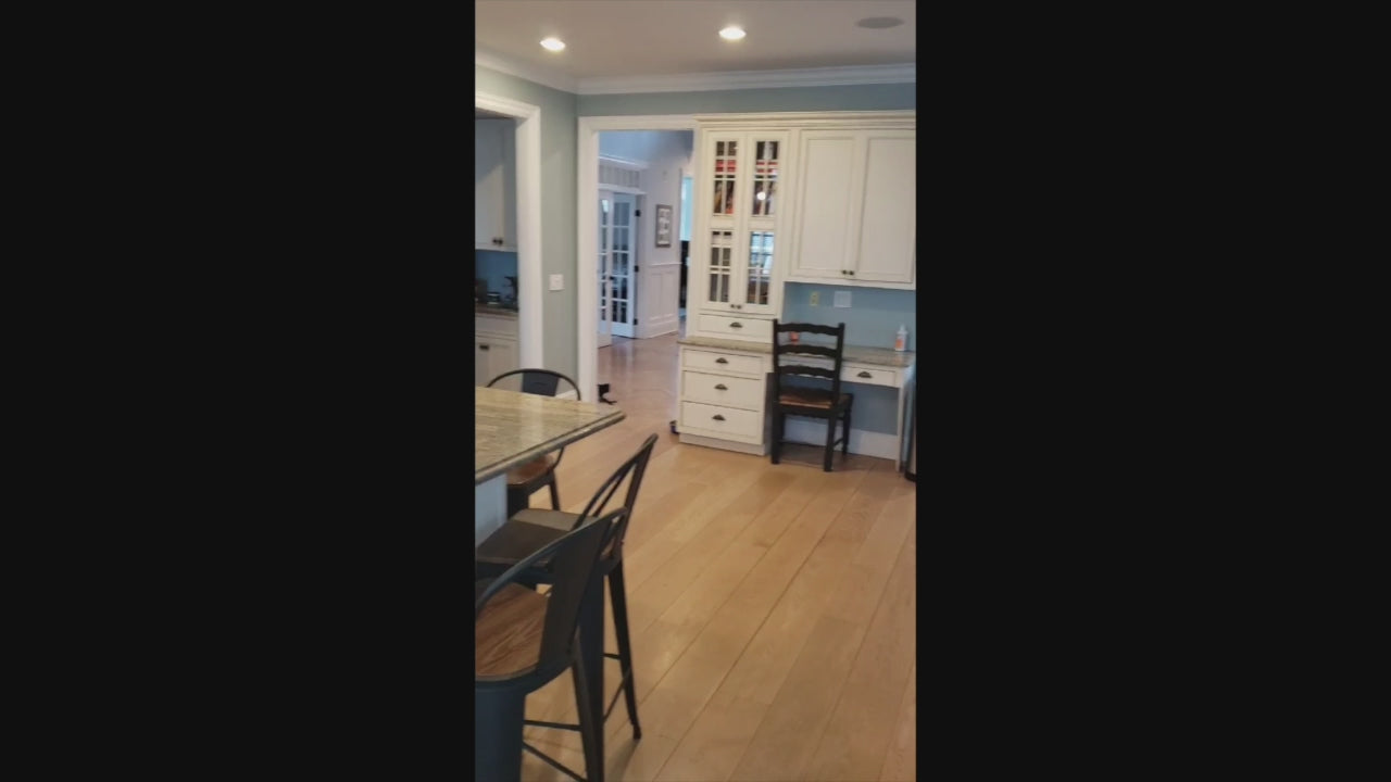 Load video: Omega Traditional Light Cream Kitchen with Island, Desk Area and Sub-Zero &amp; Wolf Range