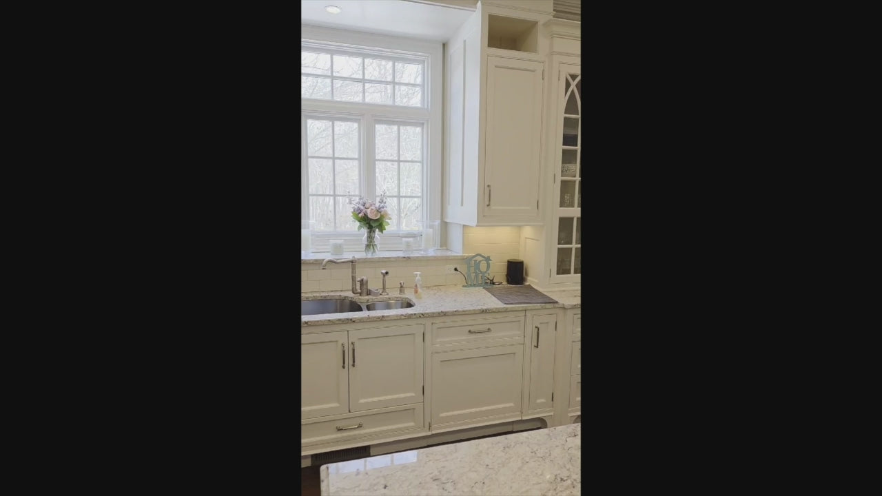 Load video: "The Berkley" Transitional White Kitchen with Island and 60" Wolf Range