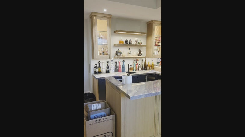 Rein & Jac Transitional Navy & Natural Wood Toned U-Shaped Bar with Marble Countertops, Sink and Faucet