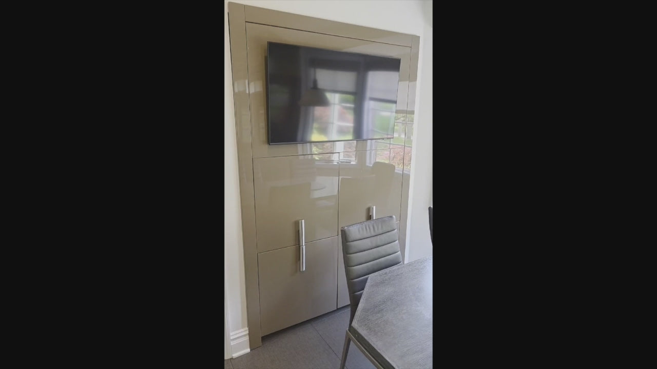 Load video: Rossana handleless modern kitchen showing open cabinets drawers and warm greige finish