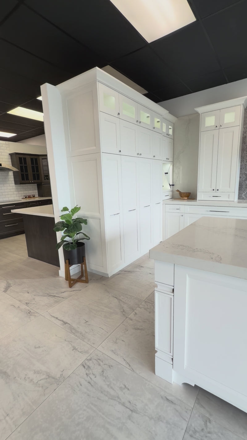 Bellmont transitional white kitchen display with Bertazzoni appliances