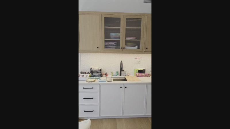 Rein and Jac transitional white oak kitchenette system front view with sink and faucet