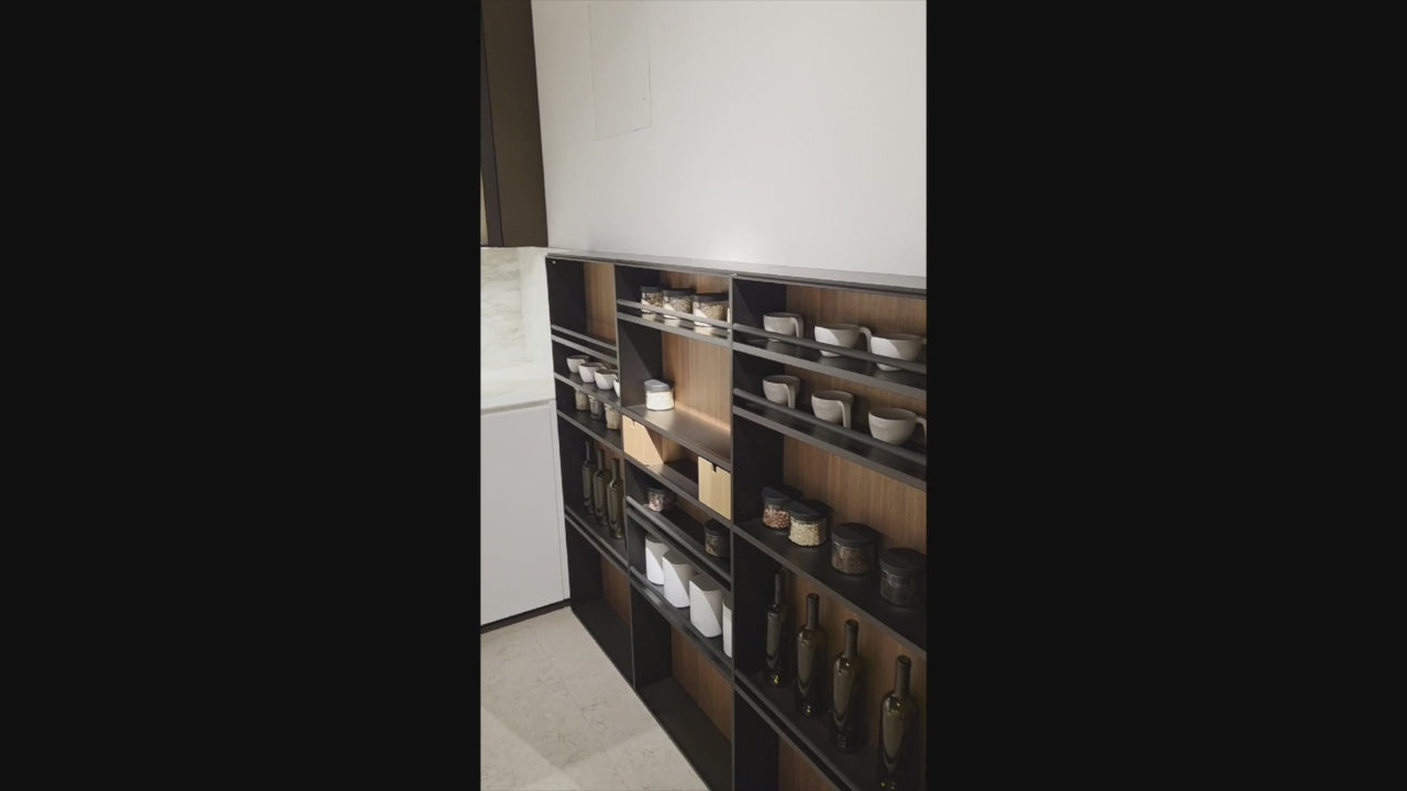 Load video: Poliform Artex Glacier White &amp; Moka Modern Kitchen with Marble Countertops and Sub-Zero &amp; Wolf Appliances