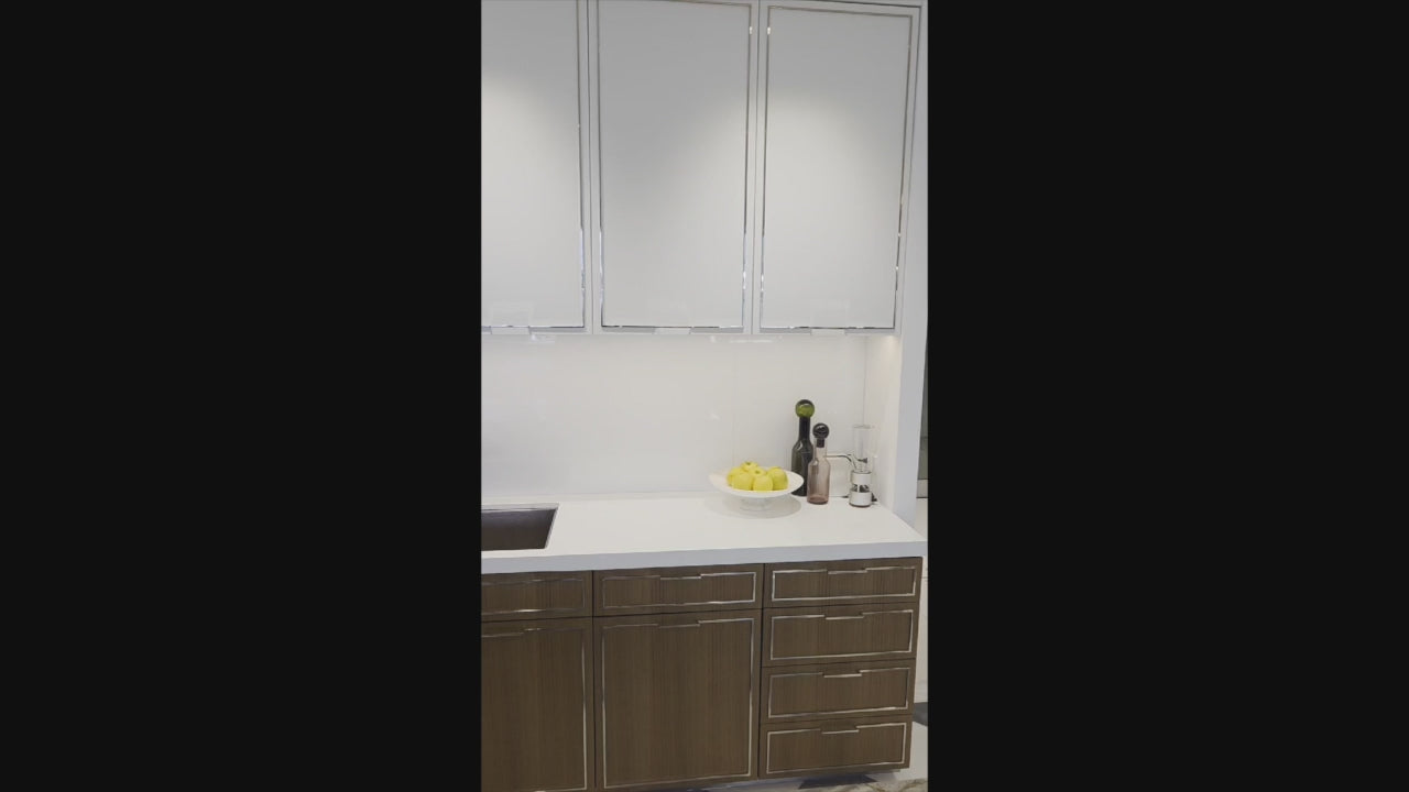 Load video: St. Charles Modern Eucalyptus and White Satin Sheen Kitchenette with La Cornue Flamberge Rotisserie