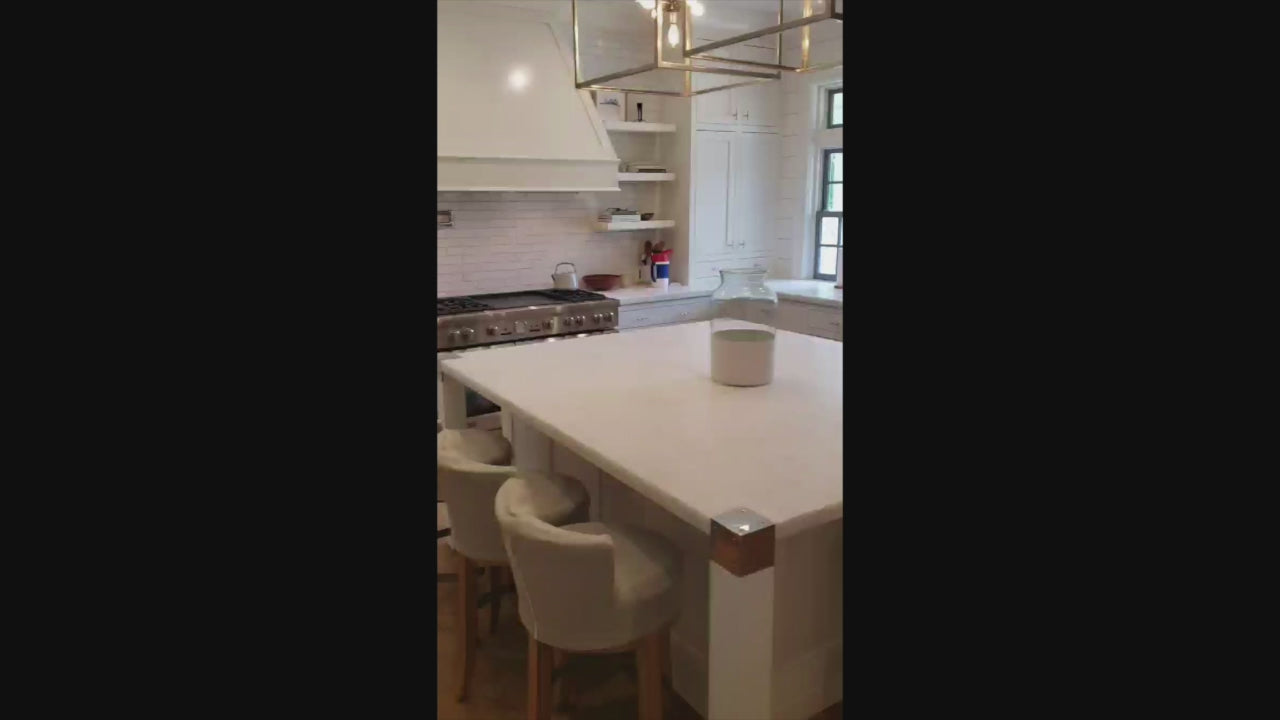 Load video: Ciuffo Cabinetry Transitional White Kitchen with Marble Countertops and Thermador Appliances