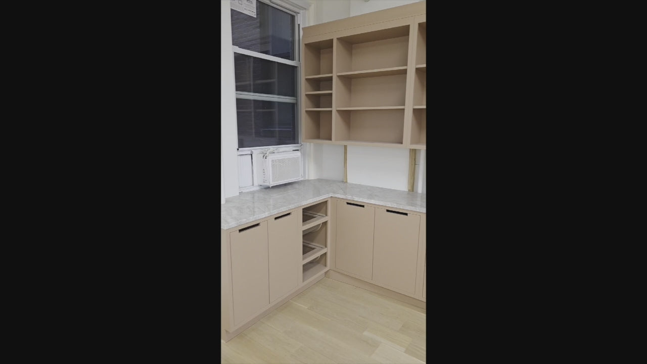 Load video: Flush inset painted custom pantry in cool grey and white